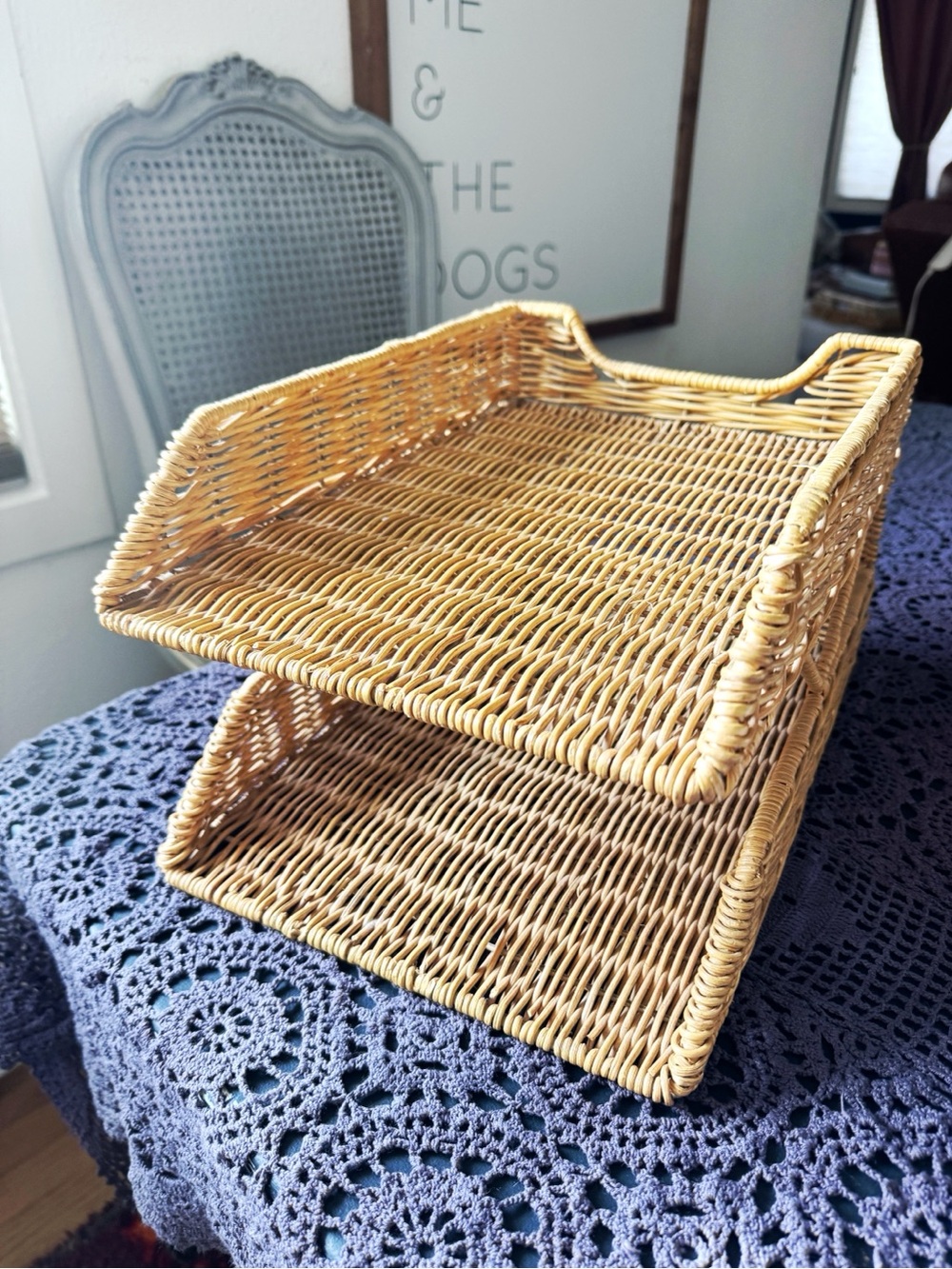 Vintage Boho Wicker Letter Tray Organizer | Double Tier Rattan Desk File Holder